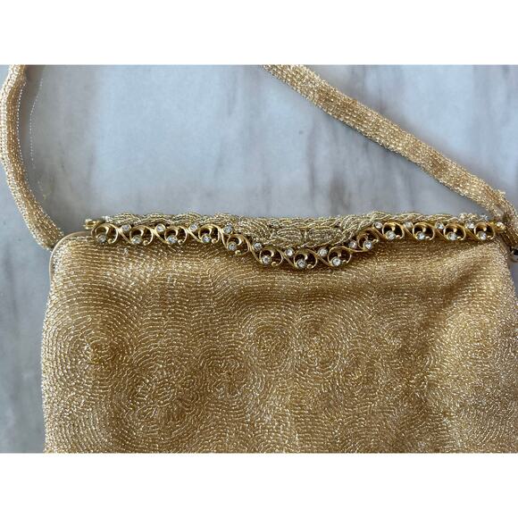 Le Goût du Jour Gold Beaded Swirl Rhinestone Filigree 50s Wrist Bag - Picture 4 of 10